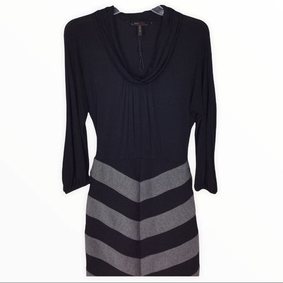 BCBGMaxazria | Black Gray Jersey Knit Chevron Cowl Neck Sheath Dress 0 - Picture 2 of 8